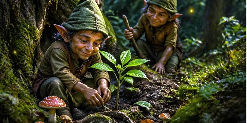 Dos duendes del bosque rodean y protegen un árbol joven en medio de una selva húmeda y frondosa de Colombia