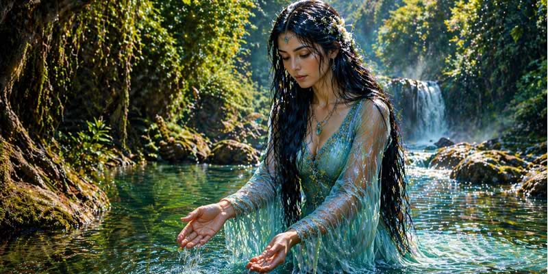 La Madre de Agua aparece en un río cristalino rodeado de vegetación, rocas y una cascada en medio del bosque