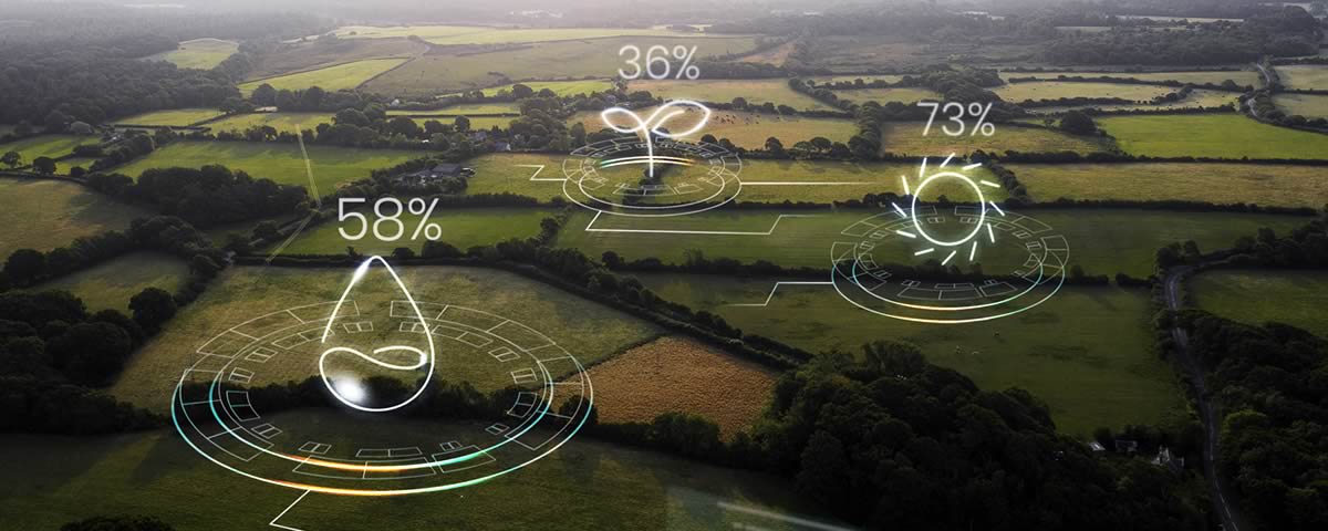 Vista aérea de campos con gráficos digitales que muestran indicadores de sostenibilidad para compensar la huella de carbono