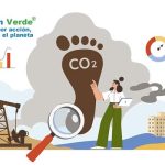 Ilustración sobre la importancia de compensar la huella de carbono, con una huella de CO2, emisiones industriales, transporte y acciones de sostenibilidad ambiental