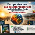 Ilustración sobre la ola de calor histórica en Europa y los posibles efectos del Fenómeno del Niño en Colombia, con sequía, incendios forestales y altas temperaturas asociados al cambio climático