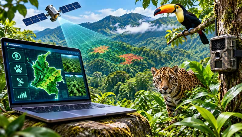 Inteligencia artificial aplicada a la conservación ambiental en Colombia, con monitoreo satelital de bosques, cámaras trampa, un jaguar y un tucán